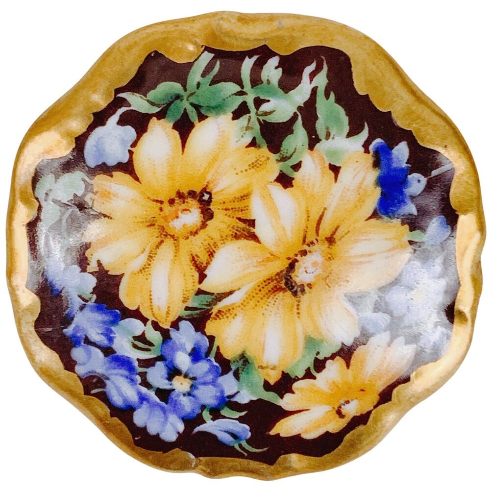 VTG Signed Schumann Bavaria Hand Painted Porcelain Floral Brooch 20s C-Clasp Pin